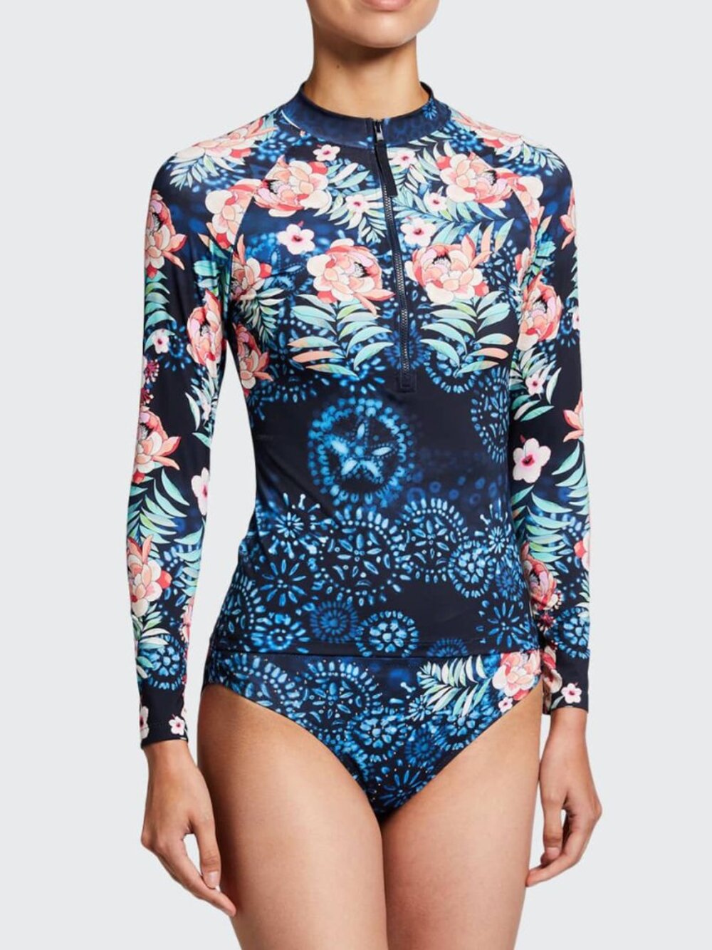 Johnny Was Annia Printed Surf Shirt Rash Guard Blue Pink Floral Large Swim